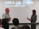 Our humourous contestant Joanna: no doubt she is the first person to compete in an area contest five weeks (!!!) after joining Toastmasters.
